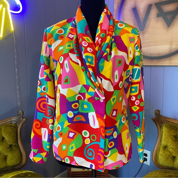 ❌SOLD🏷️Vintage 90s Anna Kriste Pleated Abstract Wild Multicolor Blouse/Jacket - Picture 6 of 11